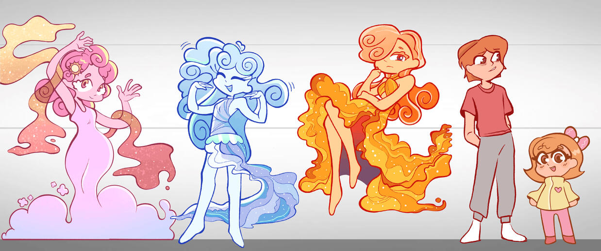 [Ordered Left to Right] - Clotho, Lachesis, Atropos, Young Father & Daughter - Character Lineup From OG Concept: The Moirai Sisters